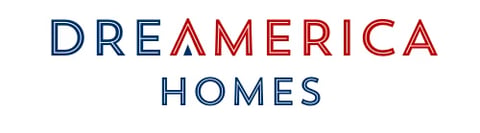 DreamAmerica Homes logo with stylized text in blue and red outline lettering